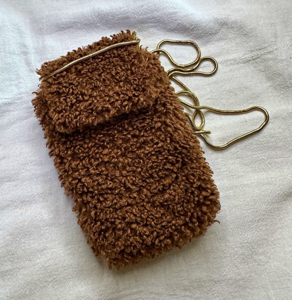 A new dBrown Faux Fur Crossbody Phone Pouch Mini Bag Gold Chain Strap